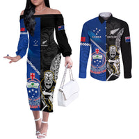 New Zealand And Samoa Rugby Couples Matching Off The Shoulder Long Sleeve Dress and Long Sleeve Button Shirts All Black Tiki Fern Mix Manu Samoa 2023 World Cup LT14 Black - Polynesian Pride