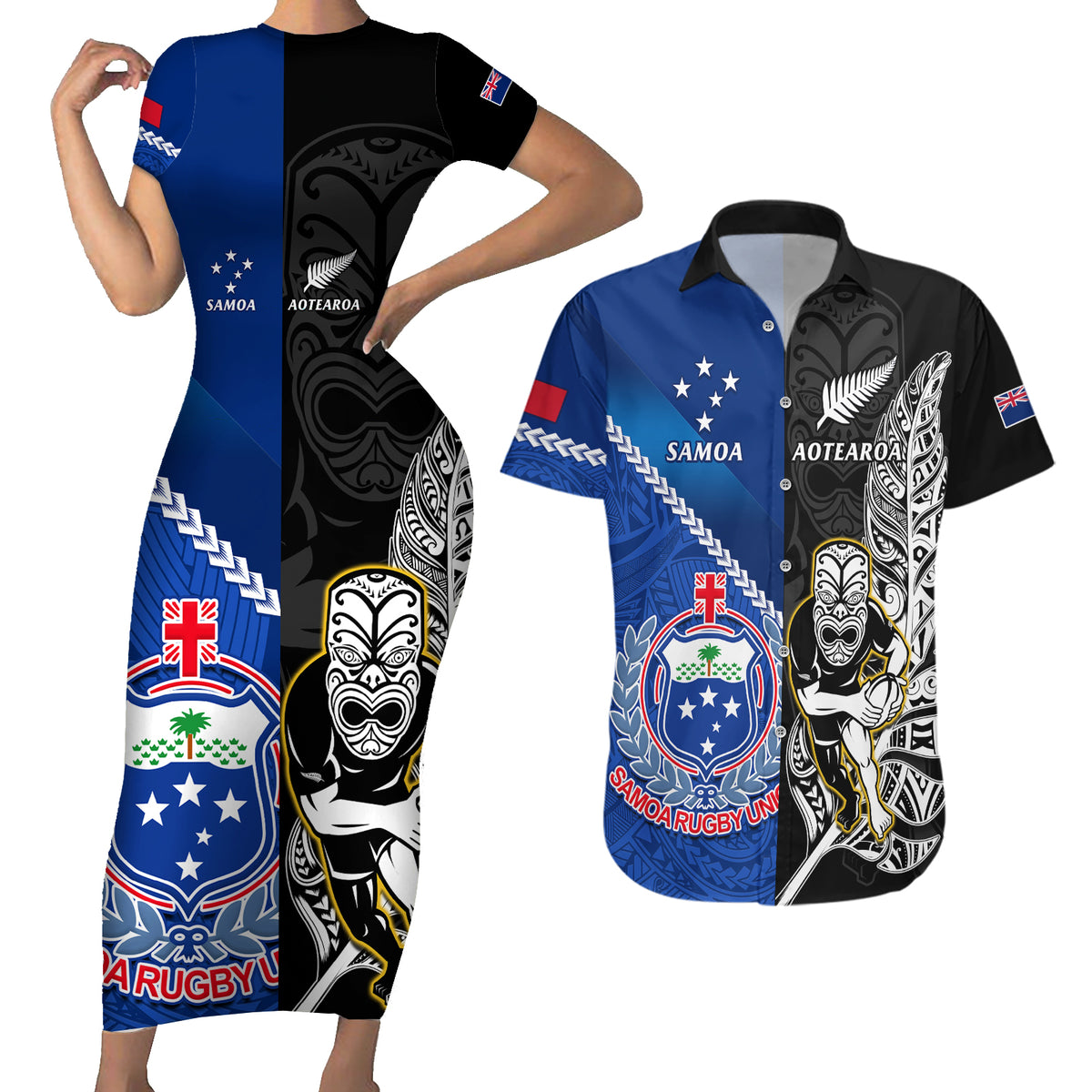 New Zealand And Samoa Rugby Couples Matching Short Sleeve Bodycon Dress and Hawaiian Shirt All Black Tiki Fern Mix Manu Samoa 2023 World Cup LT14 Black - Polynesian Pride