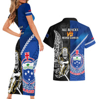 New Zealand And Samoa Rugby Couples Matching Short Sleeve Bodycon Dress and Hawaiian Shirt All Black Tiki Fern Mix Manu Samoa 2023 World Cup LT14 - Polynesian Pride