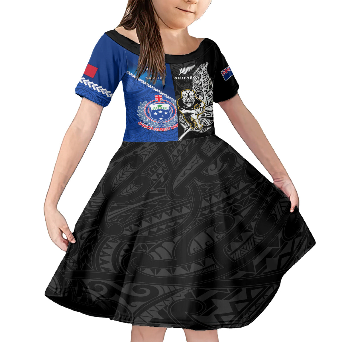 New Zealand And Samoa Rugby Family Matching Long Sleeve Bodycon Dress and Hawaiian Shirt All Black Tiki Fern Mix Manu Samoa 2023 World Cup LT14 Daughter's Dress Black - Polynesian Pride