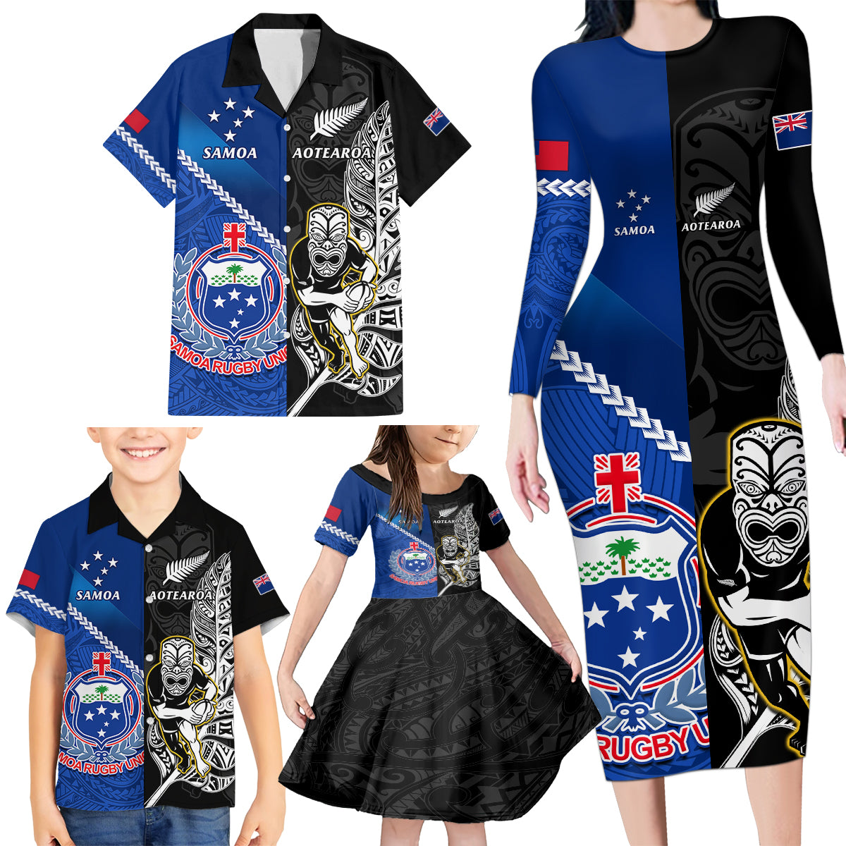 New Zealand And Samoa Rugby Family Matching Long Sleeve Bodycon Dress and Hawaiian Shirt All Black Tiki Fern Mix Manu Samoa 2023 World Cup LT14 - Polynesian Pride
