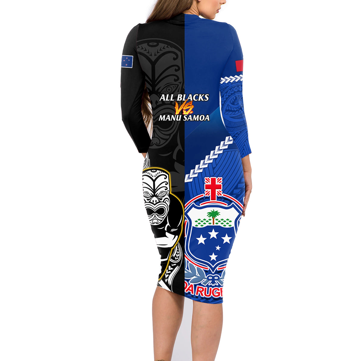 New Zealand And Samoa Rugby Family Matching Long Sleeve Bodycon Dress and Hawaiian Shirt All Black Tiki Fern Mix Manu Samoa 2023 World Cup LT14 - Polynesian Pride