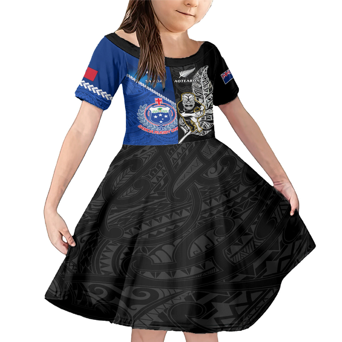 New Zealand And Samoa Rugby Family Matching Mermaid Dress and Hawaiian Shirt All Black Tiki Fern Mix Manu Samoa 2023 World Cup LT14 Daughter's Dress Black - Polynesian Pride