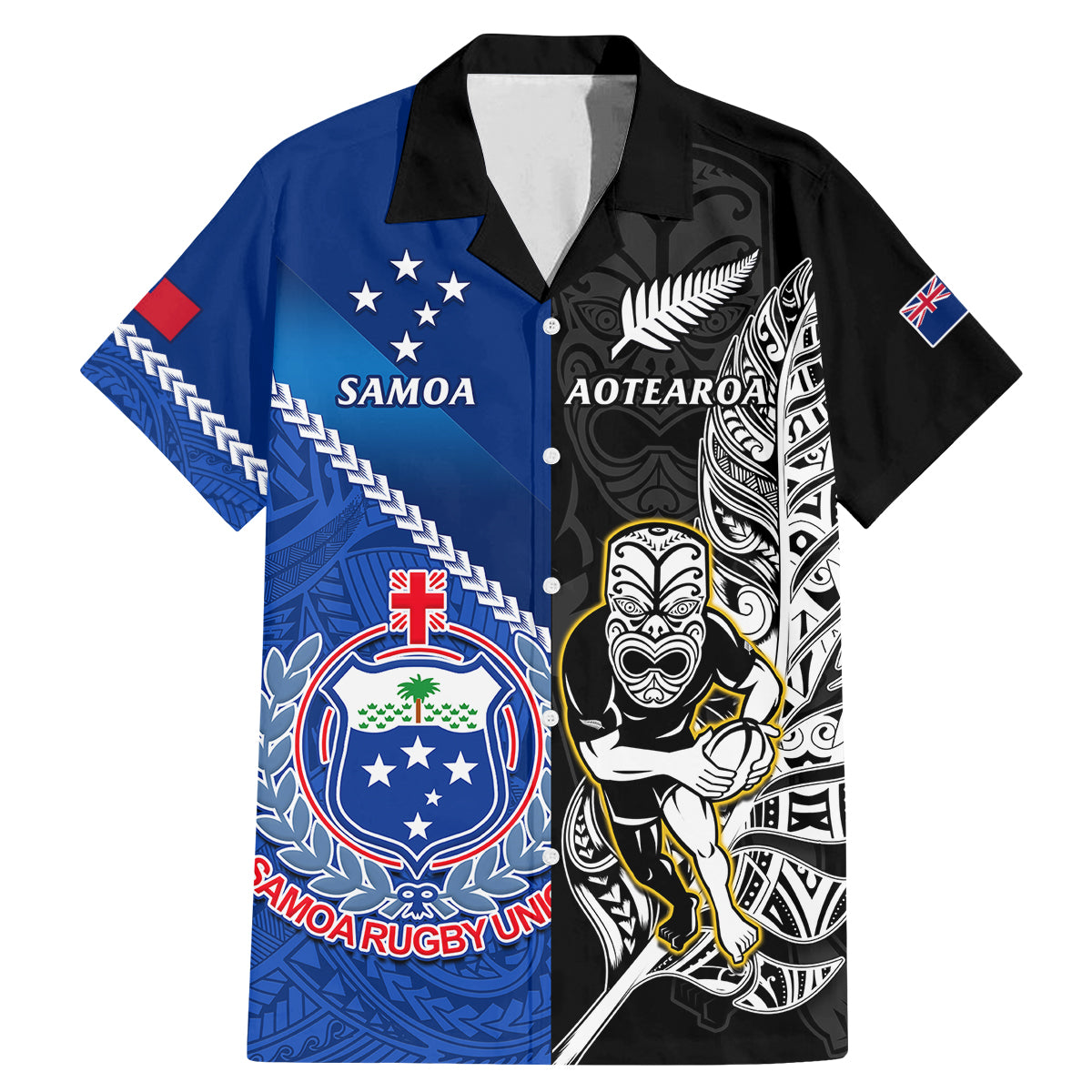 New Zealand And Samoa Rugby Family Matching Mermaid Dress and Hawaiian Shirt All Black Tiki Fern Mix Manu Samoa 2023 World Cup LT14 Dad's Shirt - Short Sleeve Black - Polynesian Pride