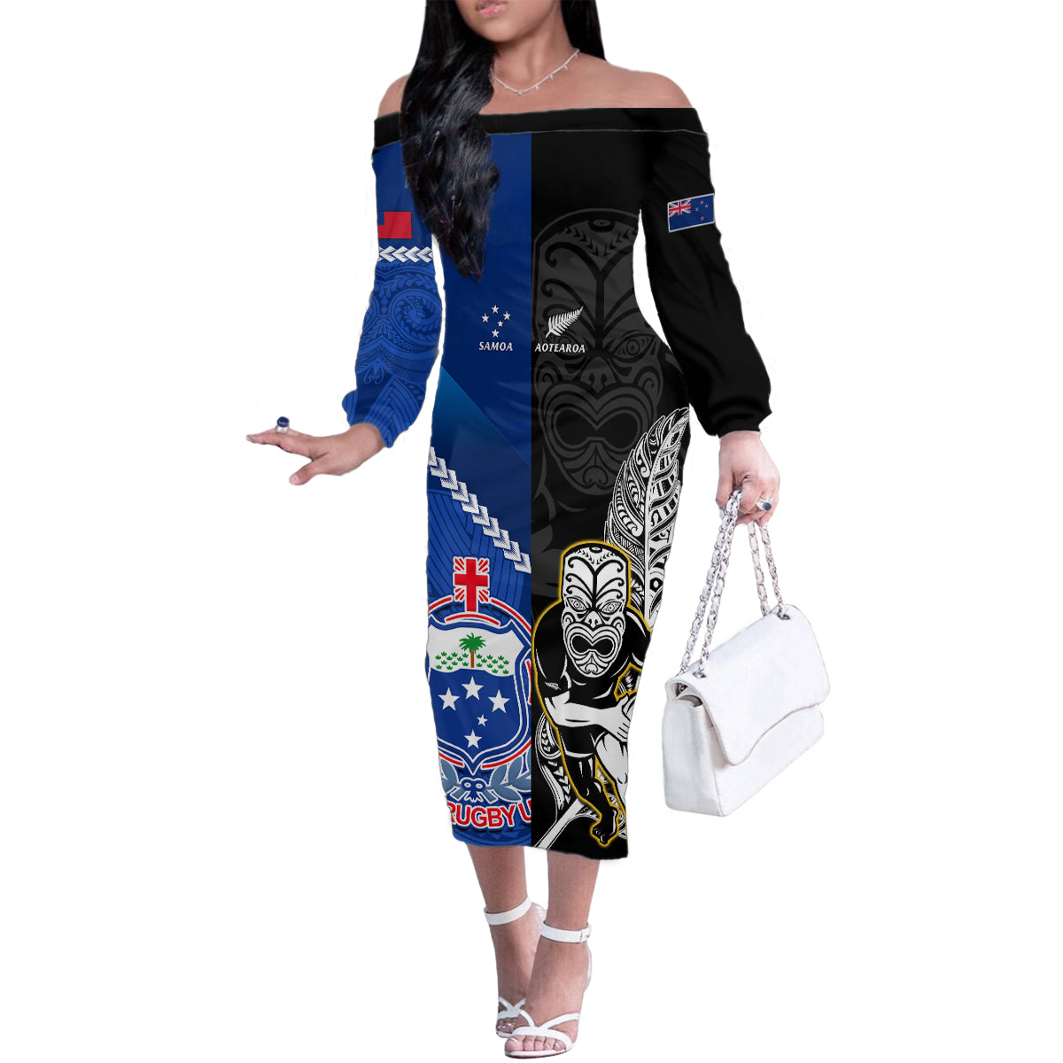 New Zealand And Samoa Rugby Family Matching Off Shoulder Long Sleeve Dress and Hawaiian Shirt All Black Tiki Fern Mix Manu Samoa 2023 World Cup LT14 Mom's Dress Black - Polynesian Pride
