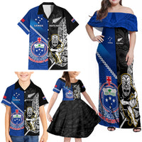 New Zealand And Samoa Rugby Family Matching Off Shoulder Maxi Dress and Hawaiian Shirt All Black Tiki Fern Mix Manu Samoa 2023 World Cup LT14 - Polynesian Pride