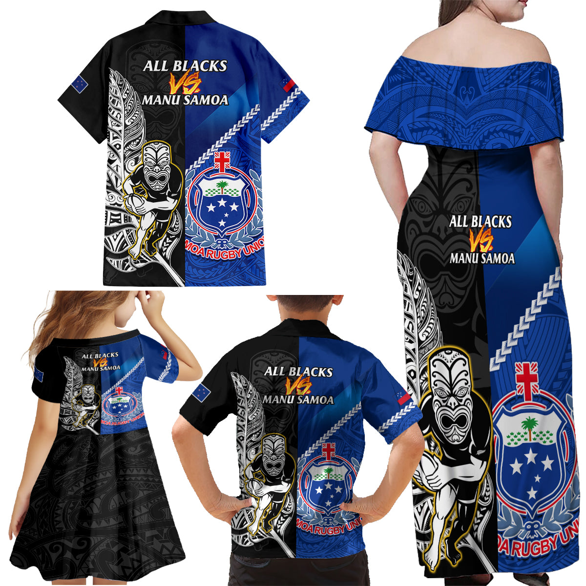 New Zealand And Samoa Rugby Family Matching Off Shoulder Maxi Dress and Hawaiian Shirt All Black Tiki Fern Mix Manu Samoa 2023 World Cup LT14 - Polynesian Pride