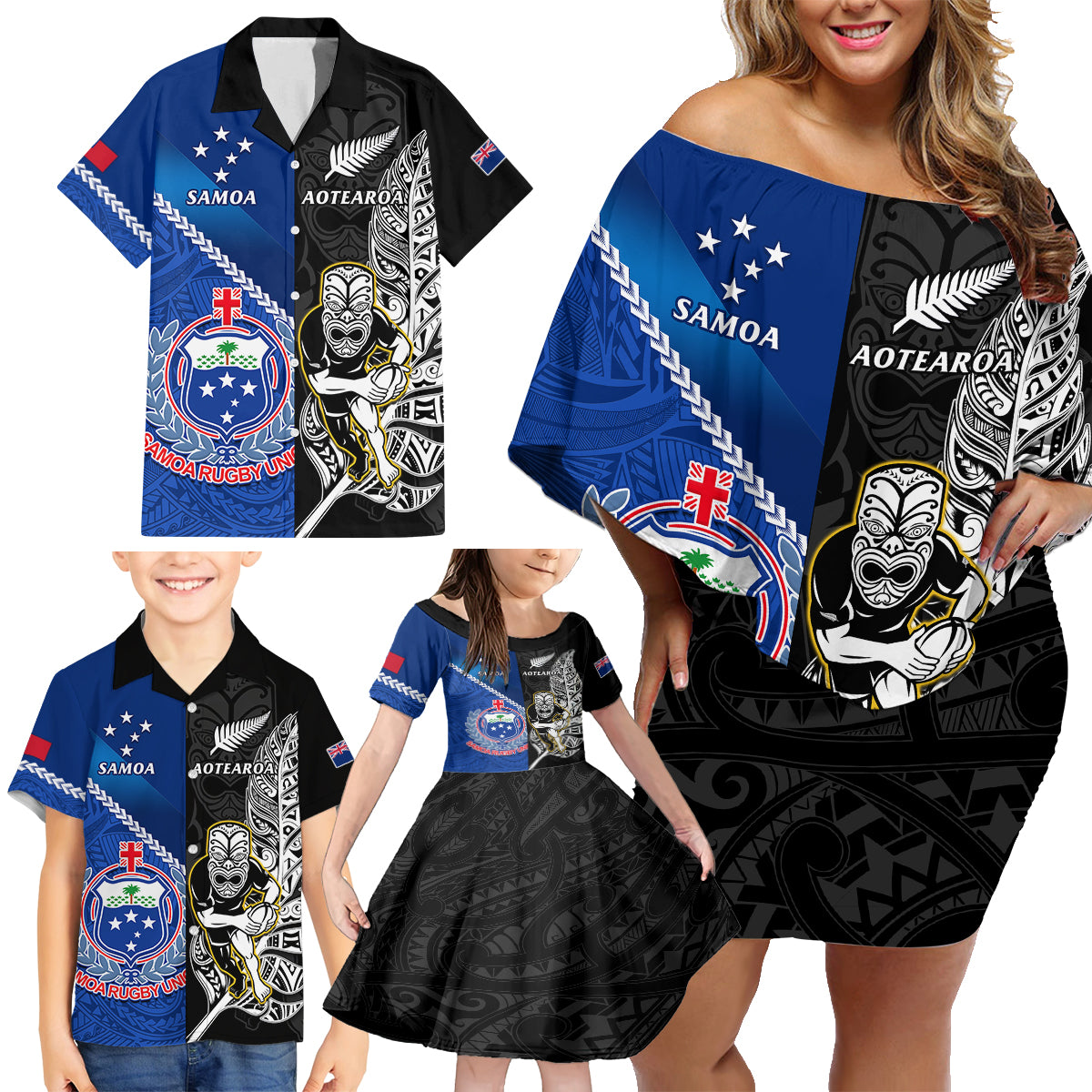 New Zealand And Samoa Rugby Family Matching Off Shoulder Short Dress and Hawaiian Shirt All Black Tiki Fern Mix Manu Samoa 2023 World Cup LT14 - Polynesian Pride