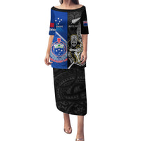New Zealand And Samoa Rugby Family Matching Puletasi Dress and Hawaiian Shirt All Black Tiki Fern Mix Manu Samoa 2023 World Cup LT14 Mom's Dress Black - Polynesian Pride