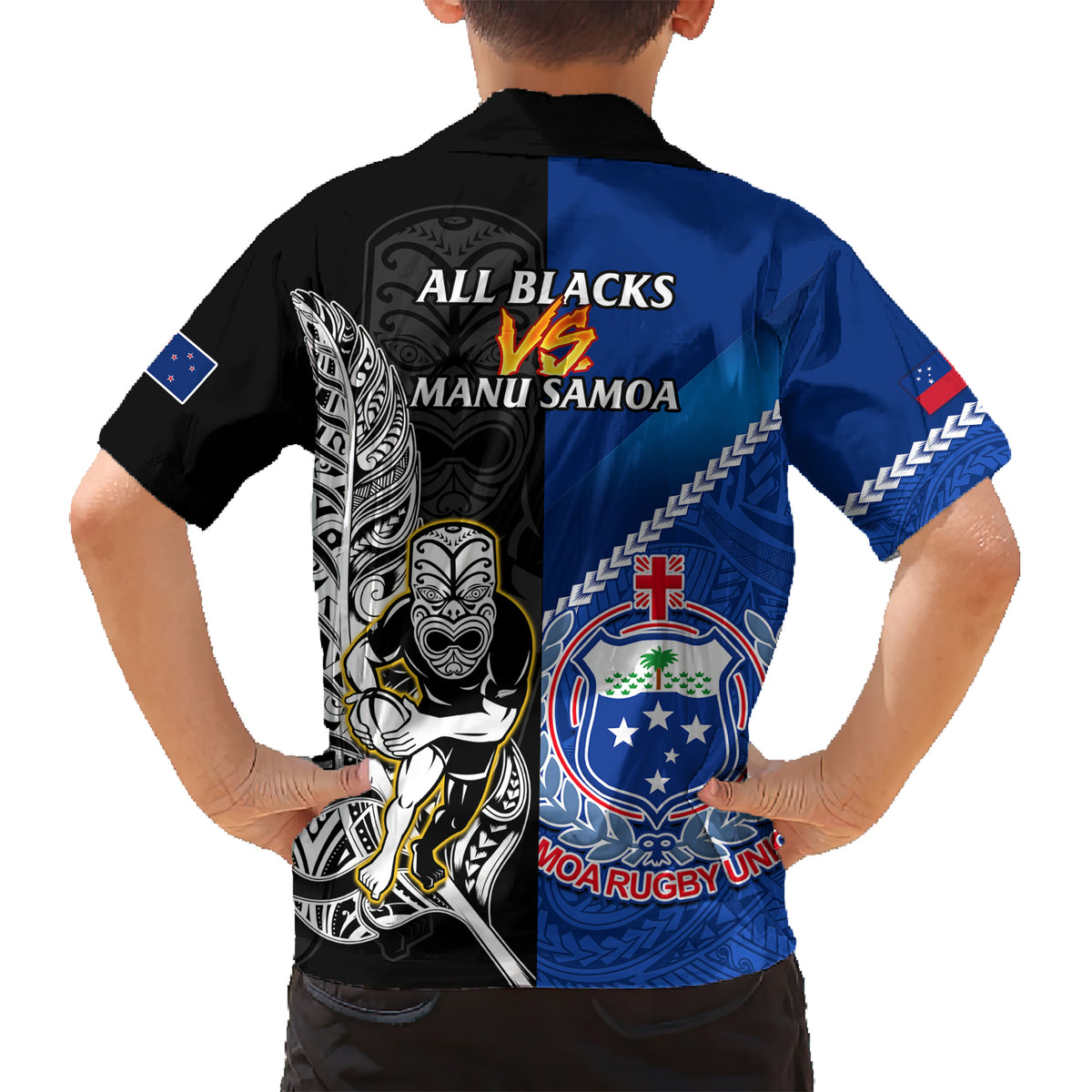 New Zealand And Samoa Rugby Family Matching Short Sleeve Bodycon Dress and Hawaiian Shirt All Black Tiki Fern Mix Manu Samoa 2023 World Cup LT14 - Polynesian Pride