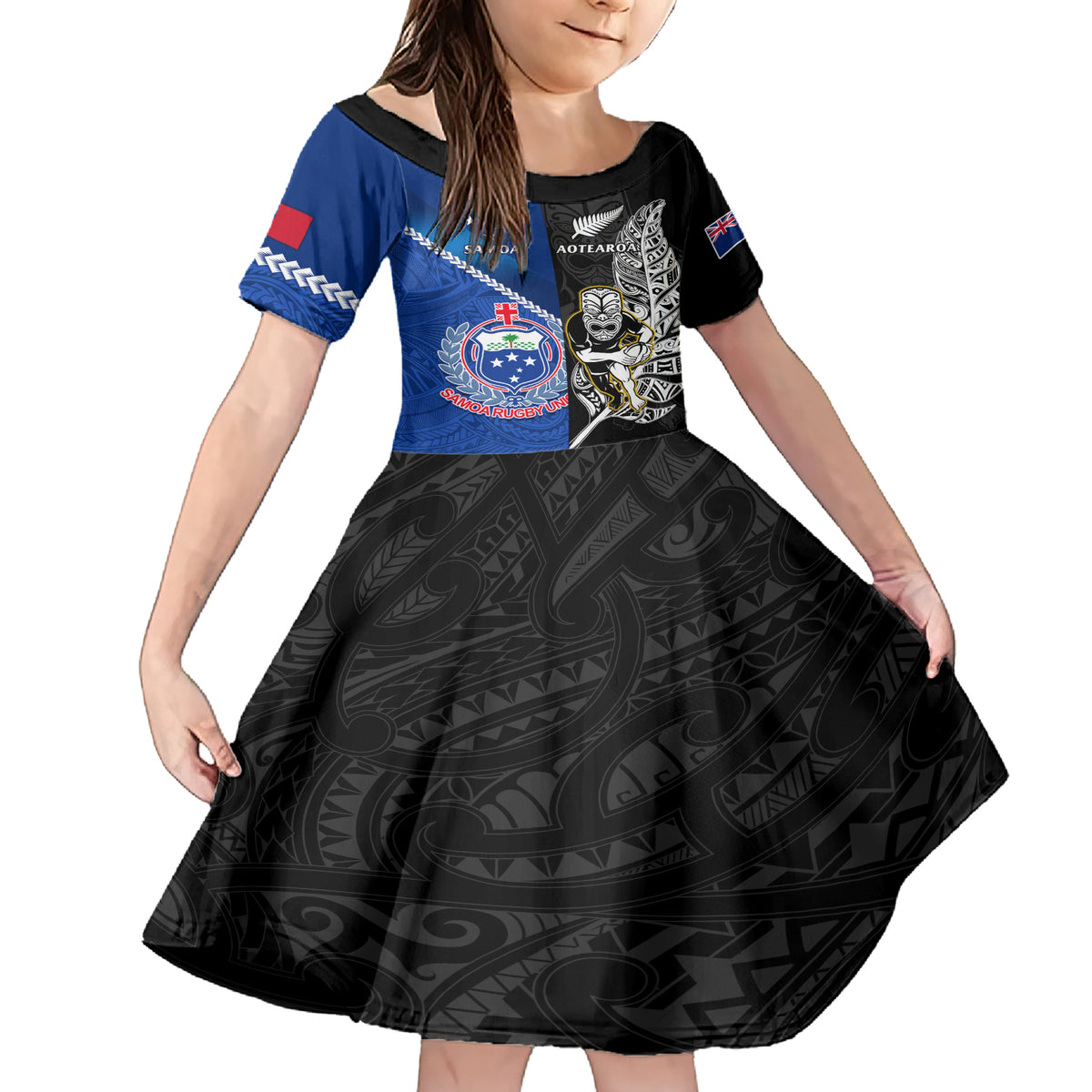 New Zealand And Samoa Rugby Family Matching Short Sleeve Bodycon Dress and Hawaiian Shirt All Black Tiki Fern Mix Manu Samoa 2023 World Cup LT14 Daughter's Dress Black - Polynesian Pride