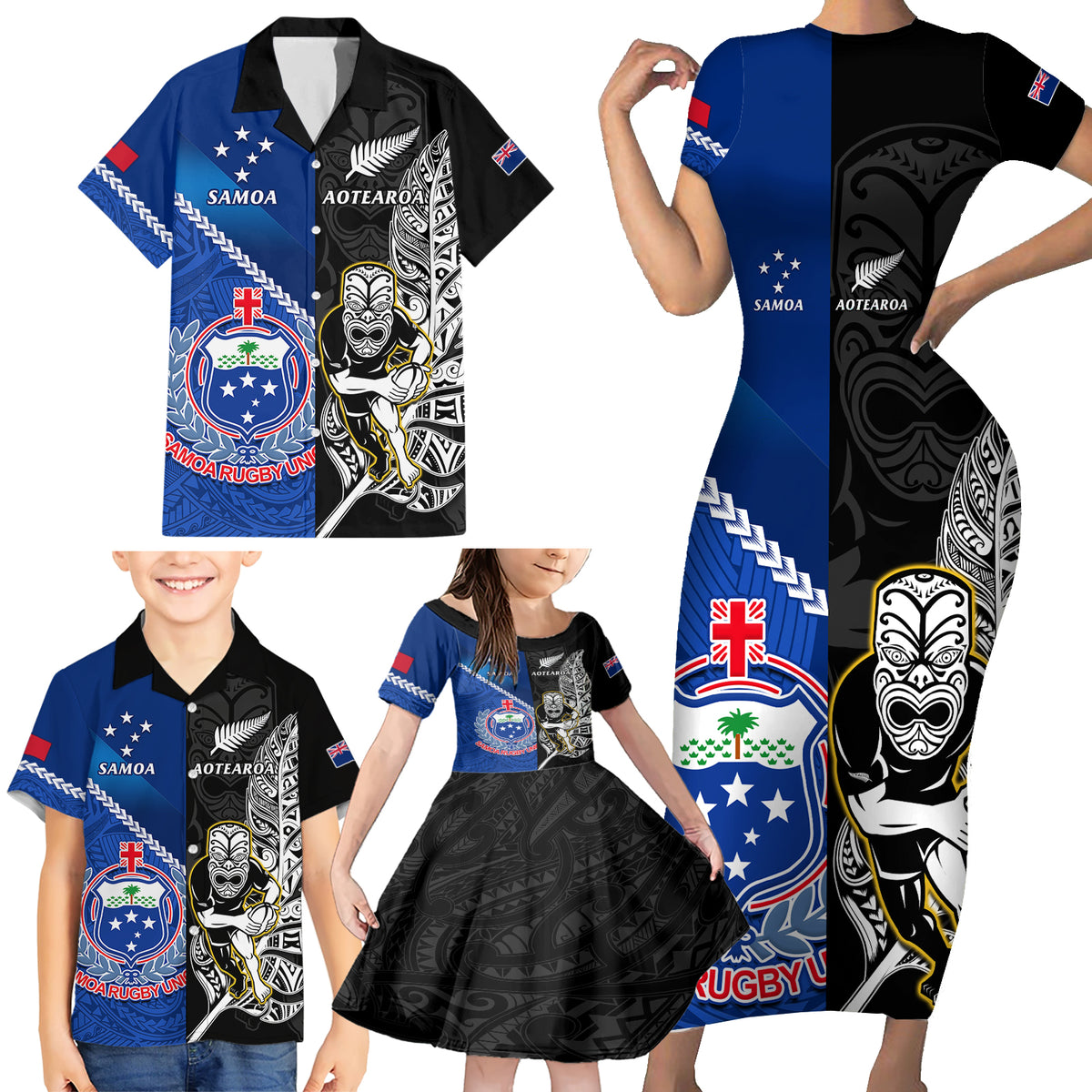 New Zealand And Samoa Rugby Family Matching Short Sleeve Bodycon Dress and Hawaiian Shirt All Black Tiki Fern Mix Manu Samoa 2023 World Cup LT14 - Polynesian Pride
