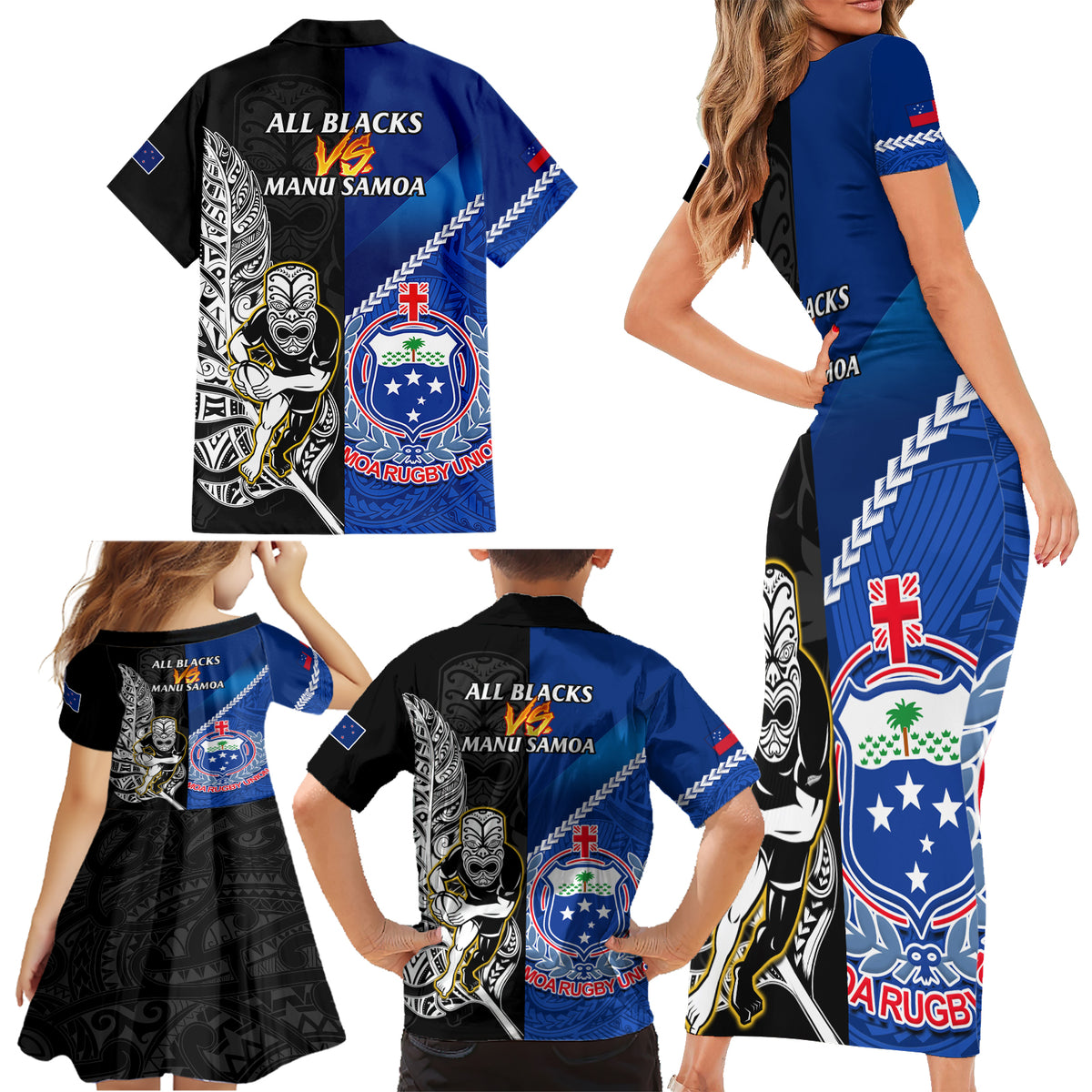 New Zealand And Samoa Rugby Family Matching Short Sleeve Bodycon Dress and Hawaiian Shirt All Black Tiki Fern Mix Manu Samoa 2023 World Cup LT14 - Polynesian Pride