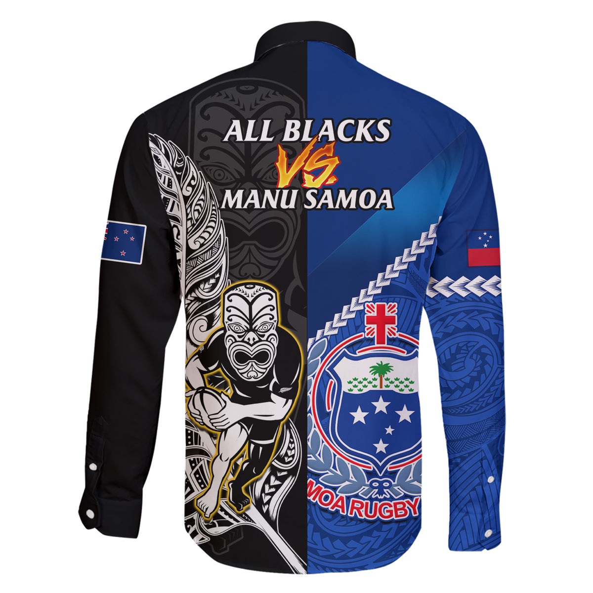 New Zealand And Samoa Rugby Family Matching Short Sleeve Bodycon Dress and Hawaiian Shirt All Black Tiki Fern Mix Manu Samoa 2023 World Cup LT14 - Polynesian Pride