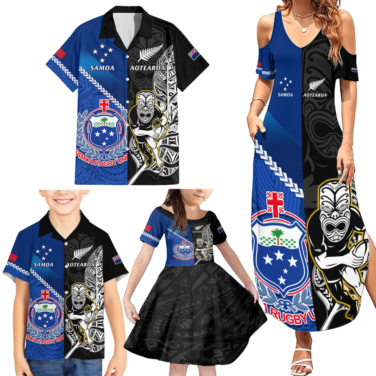 New Zealand And Samoa Rugby Family Matching Summer Maxi Dress and Hawaiian Shirt All Black Tiki Fern Mix Manu Samoa 2023 World Cup LT14 - Polynesian Pride