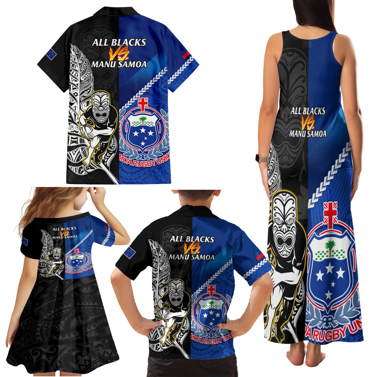 New Zealand And Samoa Rugby Family Matching Tank Maxi Dress and Hawaiian Shirt All Black Tiki Fern Mix Manu Samoa 2023 World Cup LT14 - Polynesian Pride