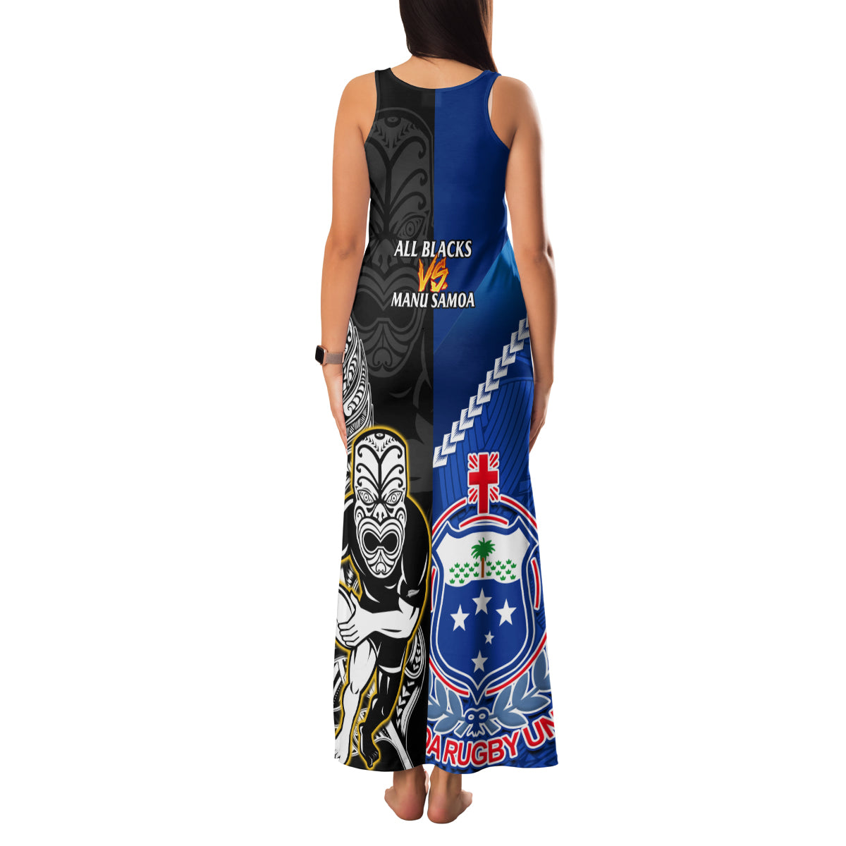 New Zealand And Samoa Rugby Family Matching Tank Maxi Dress and Hawaiian Shirt All Black Tiki Fern Mix Manu Samoa 2023 World Cup LT14 - Polynesian Pride