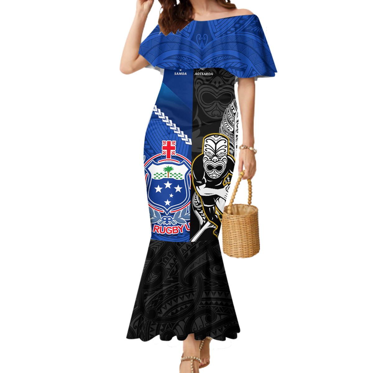 New Zealand And Samoa Rugby Mermaid Dress All Black Tiki Fern Mix Manu Samoa 2023 World Cup LT14 Women Black - Polynesian Pride
