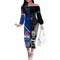 New Zealand And Samoa Rugby Off The Shoulder Long Sleeve Dress All Black Tiki Fern Mix Manu Samoa 2023 World Cup LT14 Women Black - Polynesian Pride
