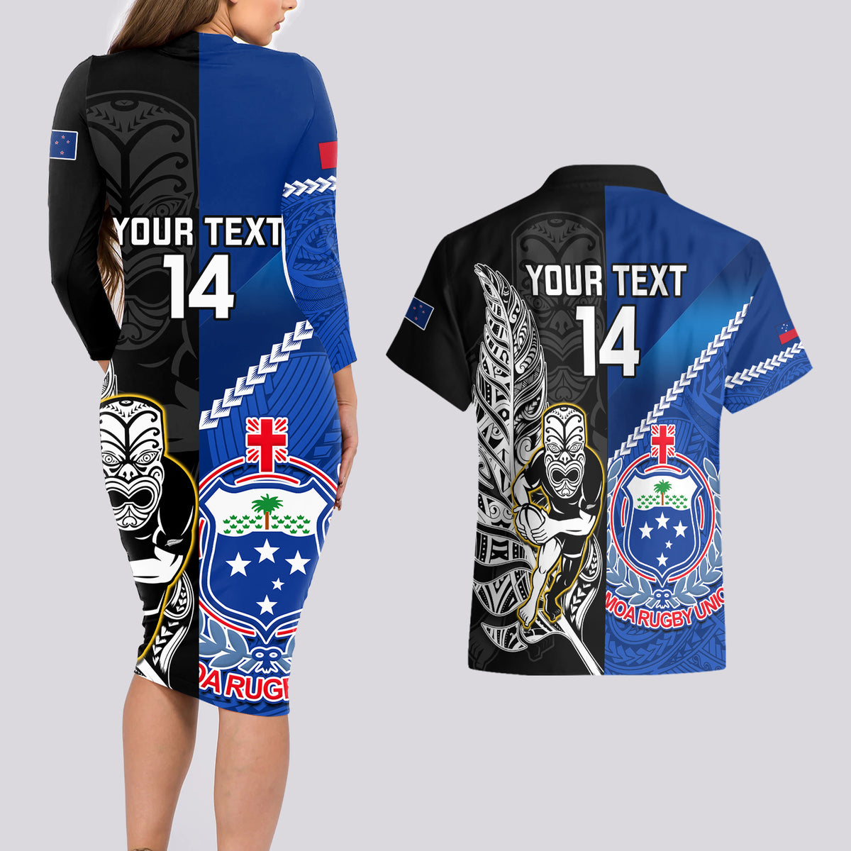 Custom New Zealand And Samoa Rugby Couples Matching Long Sleeve Bodycon Dress and Hawaiian Shirt All Black Tiki Fern Mix Manu Samoa 2023 World Cup LT14 - Polynesian Pride