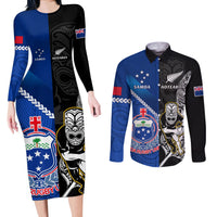 Custom New Zealand And Samoa Rugby Couples Matching Long Sleeve Bodycon Dress and Long Sleeve Button Shirts All Black Tiki Fern Mix Manu Samoa 2023 World Cup LT14 Black - Polynesian Pride