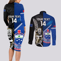Custom New Zealand And Samoa Rugby Couples Matching Long Sleeve Bodycon Dress and Long Sleeve Button Shirts All Black Tiki Fern Mix Manu Samoa 2023 World Cup LT14 - Polynesian Pride