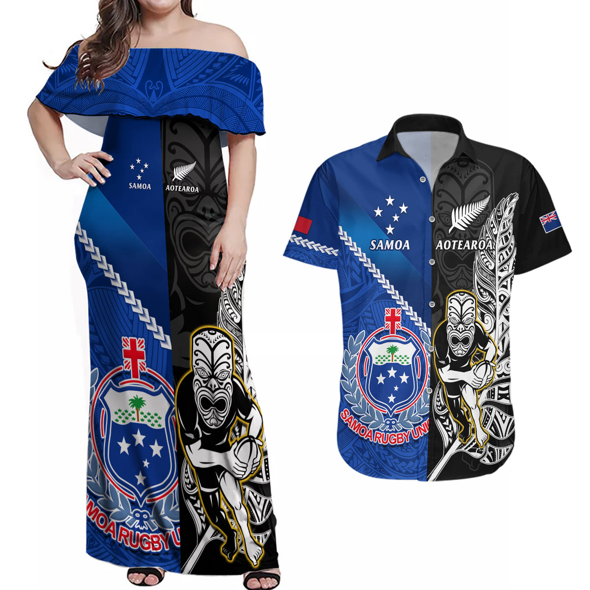 Custom New Zealand And Samoa Rugby Couples Matching Off Shoulder Maxi Dress and Hawaiian Shirt All Black Tiki Fern Mix Manu Samoa 2023 World Cup LT14 Black - Polynesian Pride