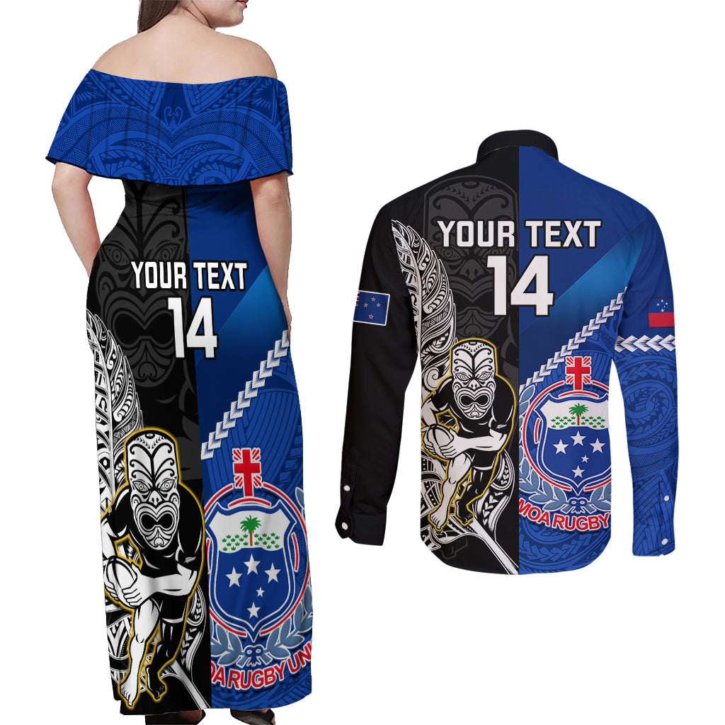Custom New Zealand And Samoa Rugby Couples Matching Off Shoulder Maxi Dress and Long Sleeve Button Shirts All Black Tiki Fern Mix Manu Samoa 2023 World Cup LT14 - Polynesian Pride