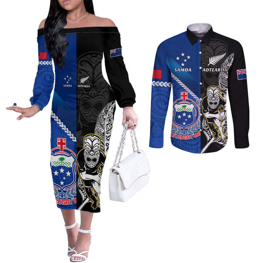 Custom New Zealand And Samoa Rugby Couples Matching Off The Shoulder Long Sleeve Dress and Long Sleeve Button Shirts All Black Tiki Fern Mix Manu Samoa 2023 World Cup LT14 Black - Polynesian Pride