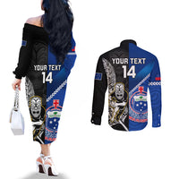 Custom New Zealand And Samoa Rugby Couples Matching Off The Shoulder Long Sleeve Dress and Long Sleeve Button Shirts All Black Tiki Fern Mix Manu Samoa 2023 World Cup LT14 - Polynesian Pride