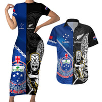 Custom New Zealand And Samoa Rugby Couples Matching Short Sleeve Bodycon Dress and Hawaiian Shirt All Black Tiki Fern Mix Manu Samoa 2023 World Cup LT14 Black - Polynesian Pride