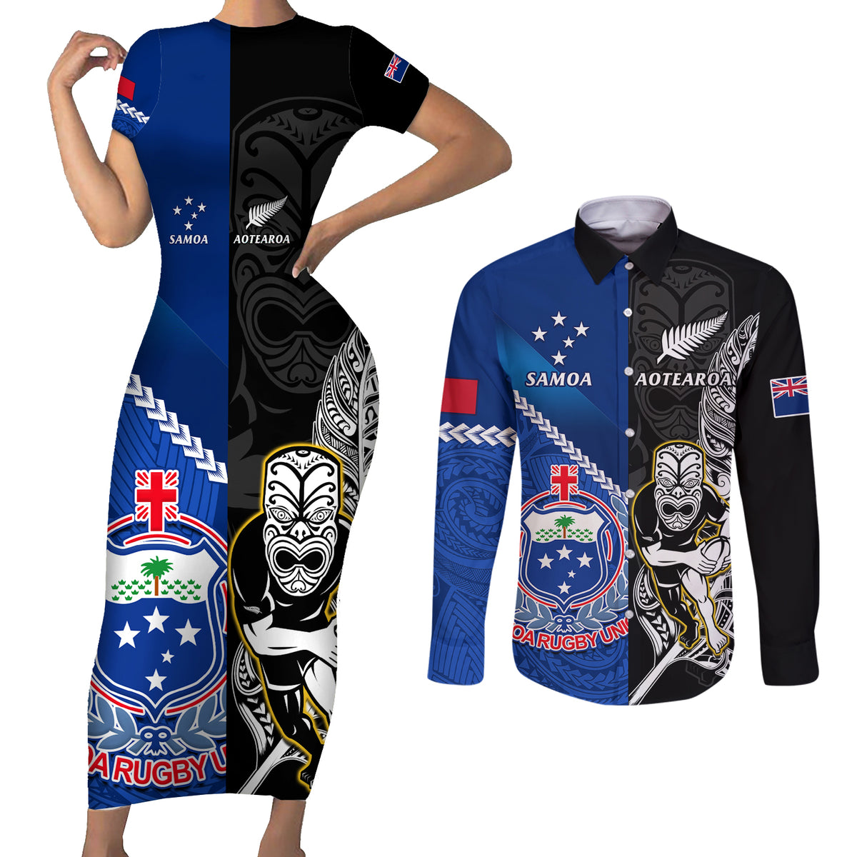 Custom New Zealand And Samoa Rugby Couples Matching Short Sleeve Bodycon Dress and Long Sleeve Button Shirts All Black Tiki Fern Mix Manu Samoa 2023 World Cup LT14 Black - Polynesian Pride