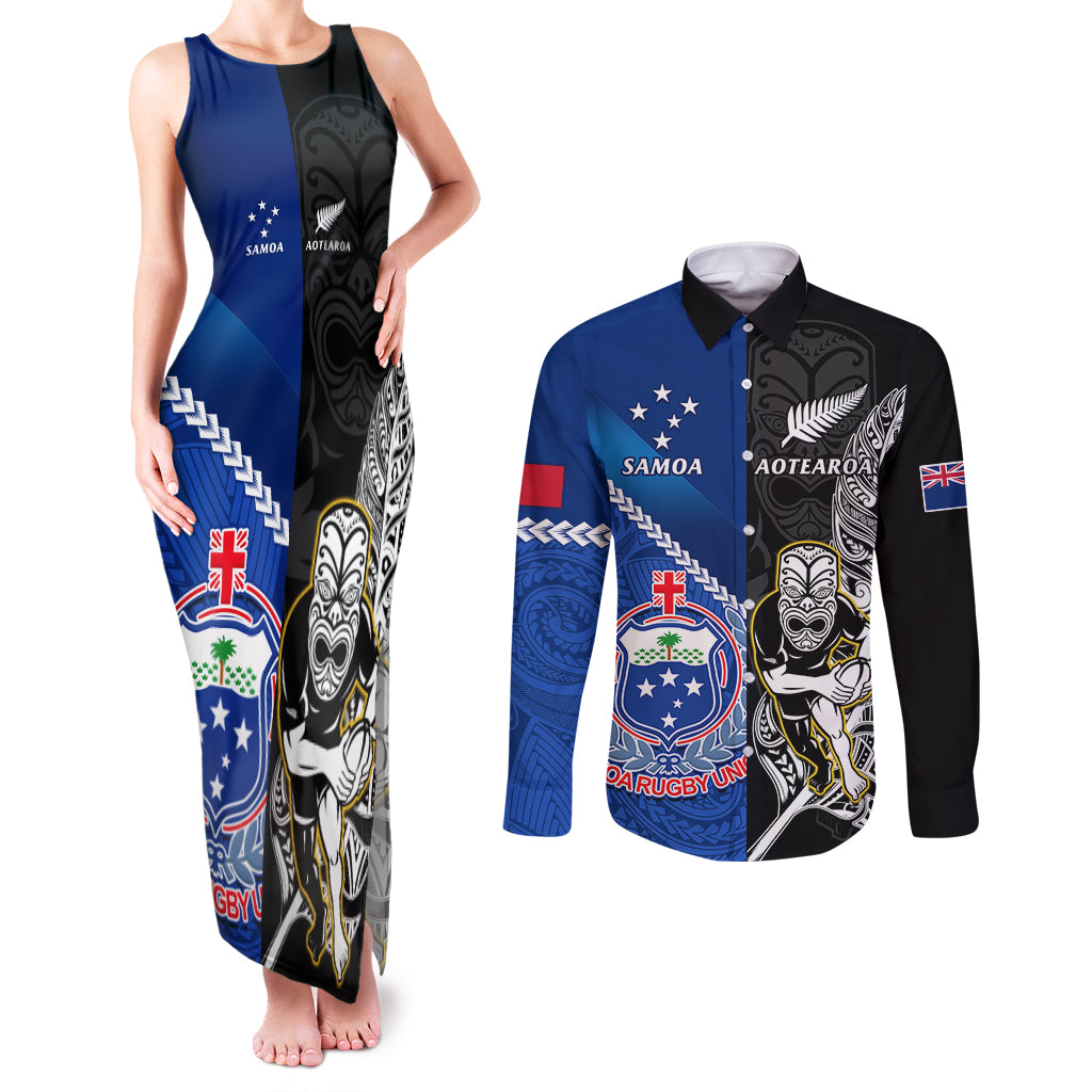 Custom New Zealand And Samoa Rugby Couples Matching Tank Maxi Dress and Long Sleeve Button Shirts All Black Tiki Fern Mix Manu Samoa 2023 World Cup LT14 Black - Polynesian Pride