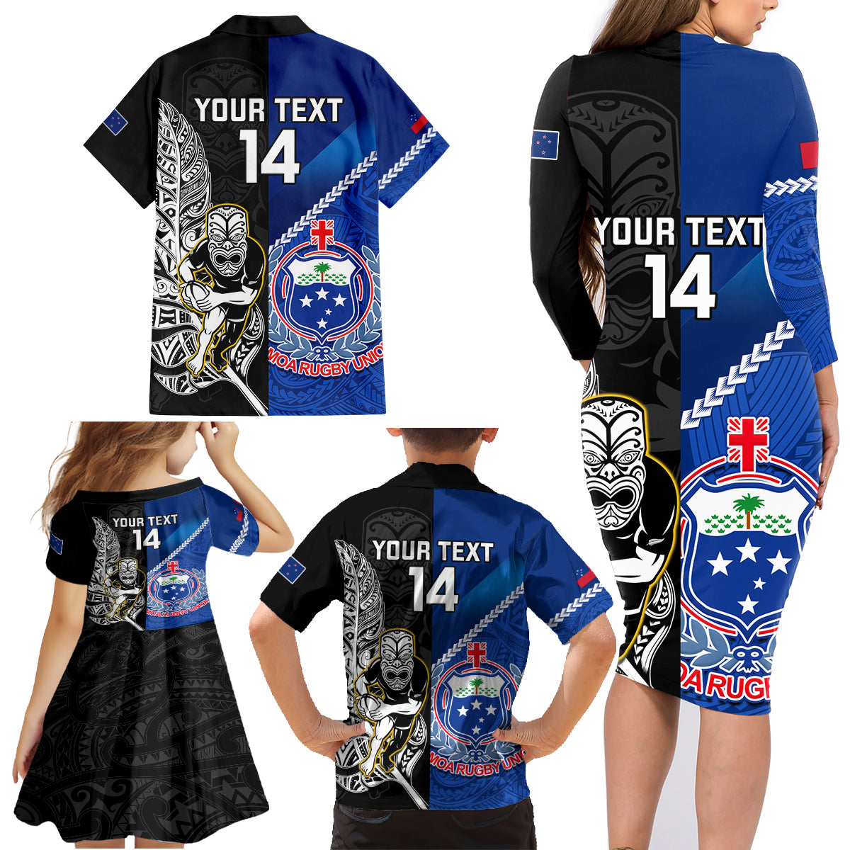 Custom New Zealand And Samoa Rugby Family Matching Long Sleeve Bodycon Dress and Hawaiian Shirt All Black Tiki Fern Mix Manu Samoa 2023 World Cup LT14 - Polynesian Pride