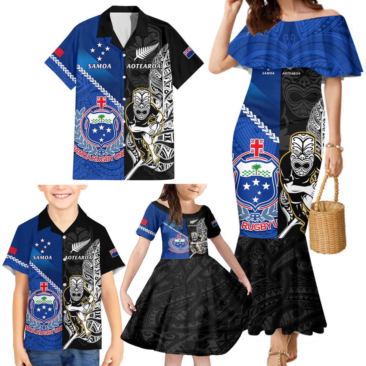 Custom New Zealand And Samoa Rugby Family Matching Mermaid Dress and Hawaiian Shirt All Black Tiki Fern Mix Manu Samoa 2023 World Cup LT14 - Polynesian Pride