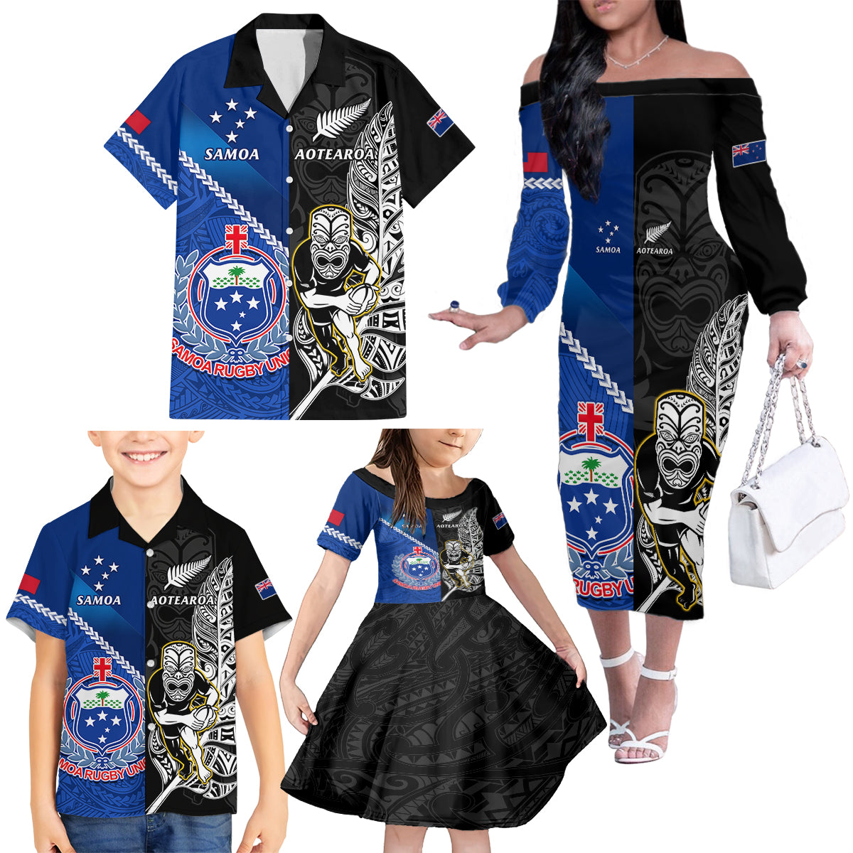 Custom New Zealand And Samoa Rugby Family Matching Off Shoulder Long Sleeve Dress and Hawaiian Shirt All Black Tiki Fern Mix Manu Samoa 2023 World Cup LT14 - Polynesian Pride
