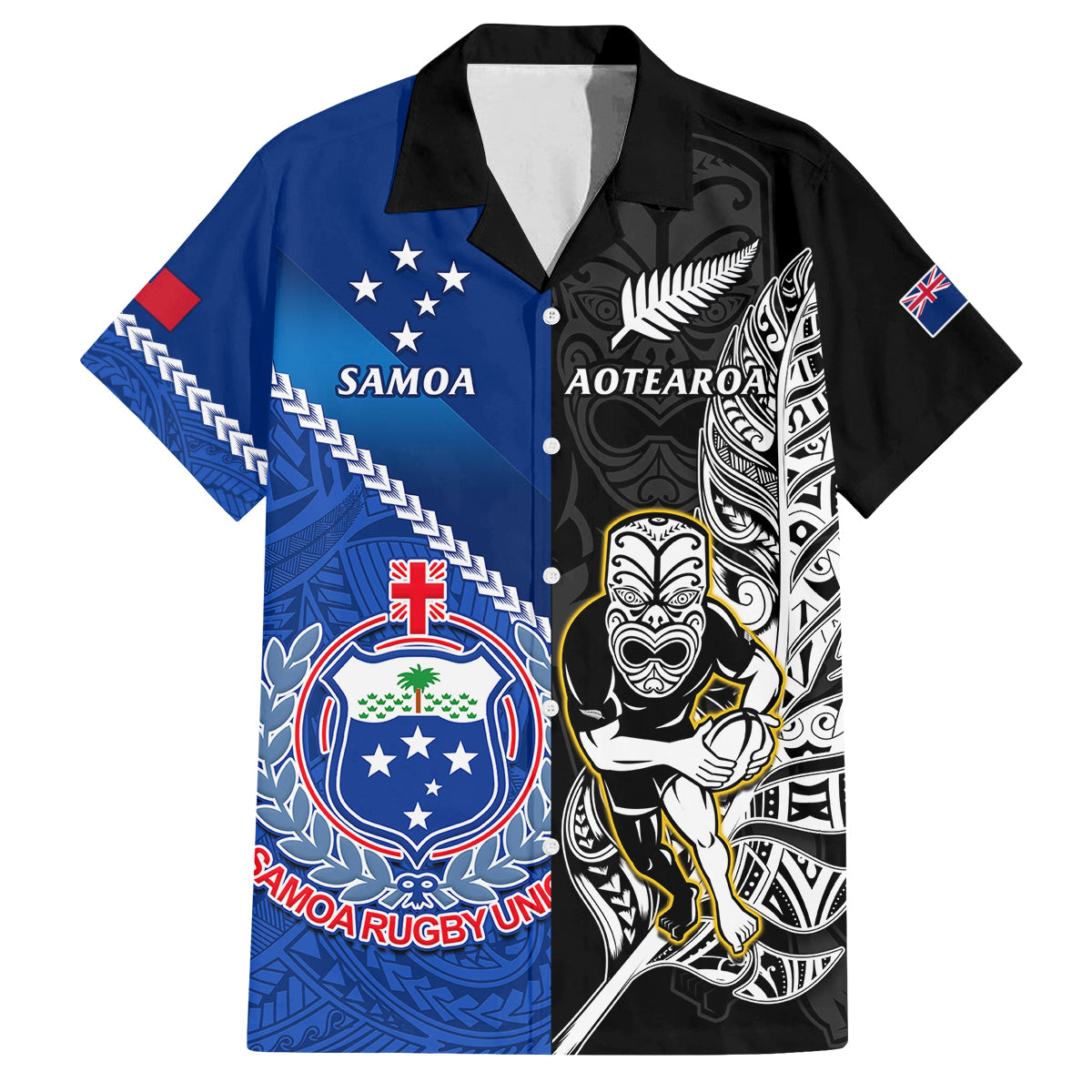 Custom New Zealand And Samoa Rugby Family Matching Off Shoulder Long Sleeve Dress and Hawaiian Shirt All Black Tiki Fern Mix Manu Samoa 2023 World Cup LT14 Dad's Shirt - Short Sleeve Black - Polynesian Pride