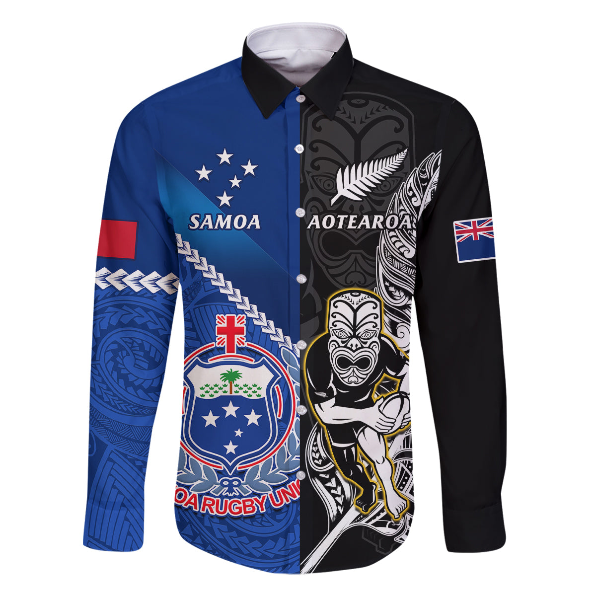 Custom New Zealand And Samoa Rugby Family Matching Off Shoulder Long Sleeve Dress and Hawaiian Shirt All Black Tiki Fern Mix Manu Samoa 2023 World Cup LT14 Dad's Shirt - Long Sleeve Black - Polynesian Pride