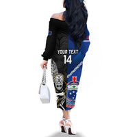 Custom New Zealand And Samoa Rugby Family Matching Off Shoulder Long Sleeve Dress and Hawaiian Shirt All Black Tiki Fern Mix Manu Samoa 2023 World Cup LT14 - Polynesian Pride
