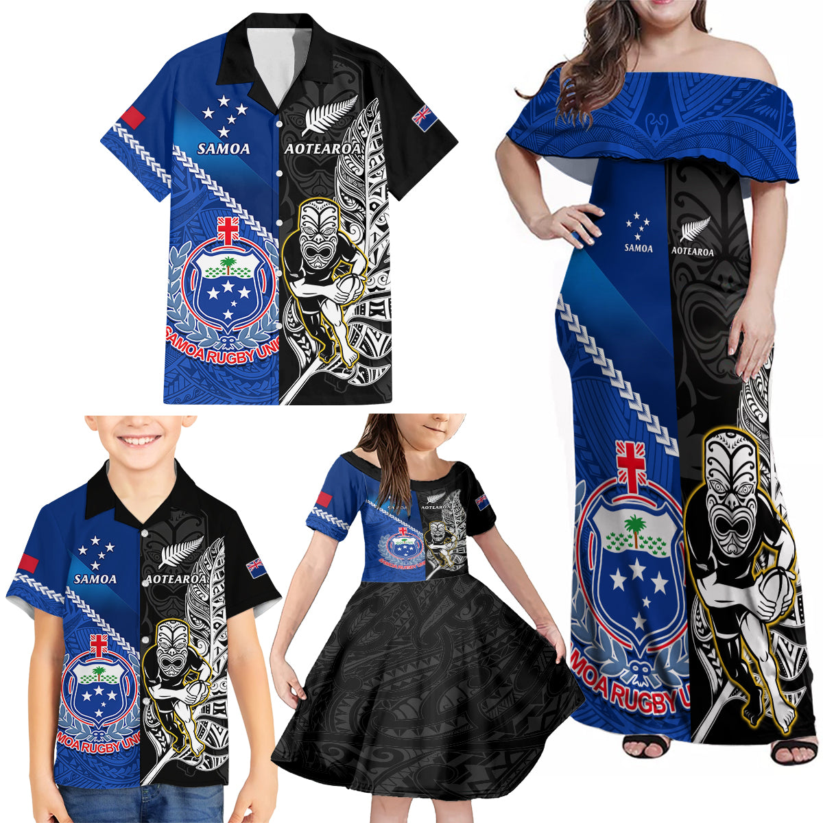 Custom New Zealand And Samoa Rugby Family Matching Off Shoulder Maxi Dress and Hawaiian Shirt All Black Tiki Fern Mix Manu Samoa 2023 World Cup LT14 - Polynesian Pride