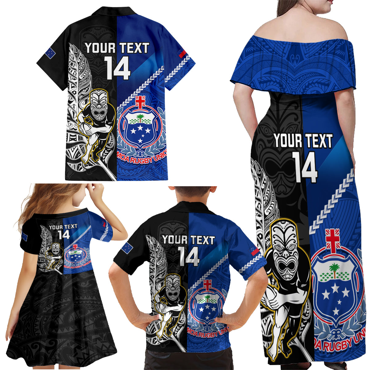 Custom New Zealand And Samoa Rugby Family Matching Off Shoulder Maxi Dress and Hawaiian Shirt All Black Tiki Fern Mix Manu Samoa 2023 World Cup LT14 - Polynesian Pride