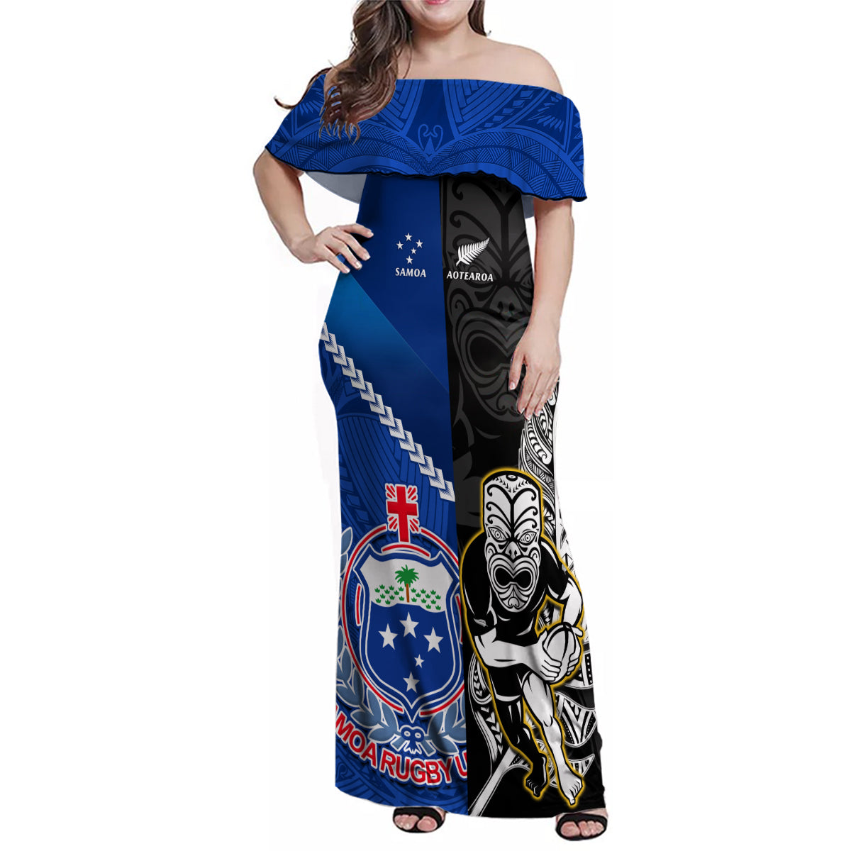 Custom New Zealand And Samoa Rugby Family Matching Off Shoulder Maxi Dress and Hawaiian Shirt All Black Tiki Fern Mix Manu Samoa 2023 World Cup LT14 Mom's Dress Black - Polynesian Pride