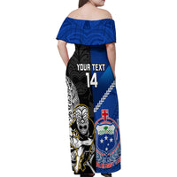 Custom New Zealand And Samoa Rugby Family Matching Off Shoulder Maxi Dress and Hawaiian Shirt All Black Tiki Fern Mix Manu Samoa 2023 World Cup LT14 - Polynesian Pride