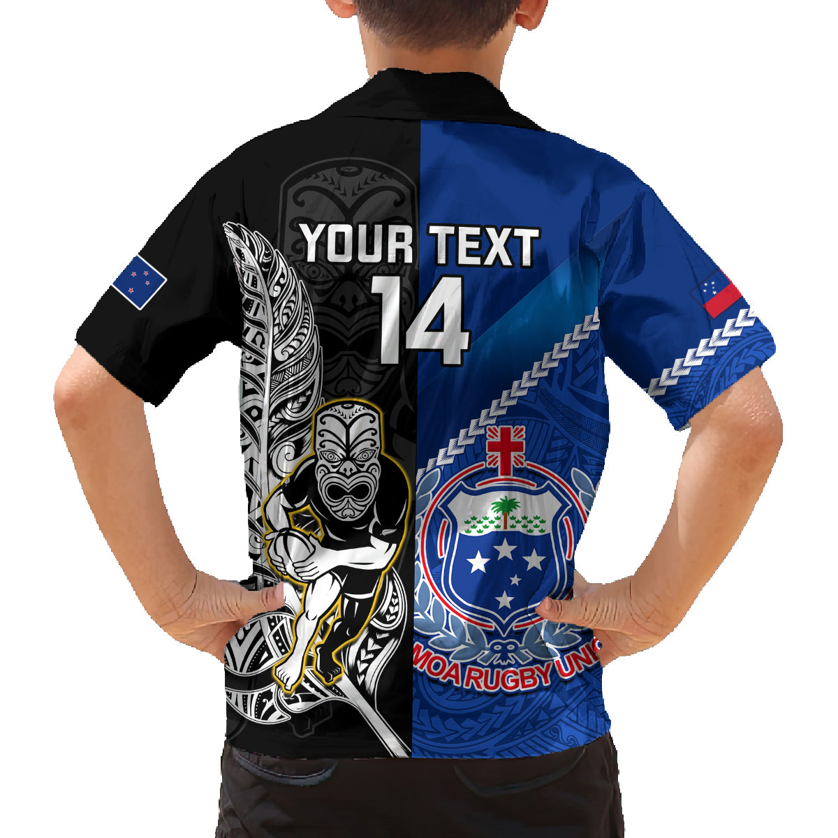 Custom New Zealand And Samoa Rugby Family Matching Off Shoulder Short Dress and Hawaiian Shirt All Black Tiki Fern Mix Manu Samoa 2023 World Cup LT14 - Polynesian Pride