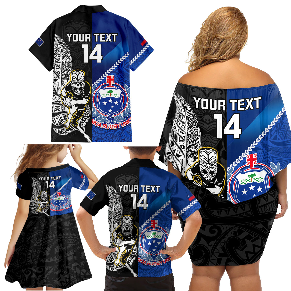 Custom New Zealand And Samoa Rugby Family Matching Off Shoulder Short Dress and Hawaiian Shirt All Black Tiki Fern Mix Manu Samoa 2023 World Cup LT14 - Polynesian Pride