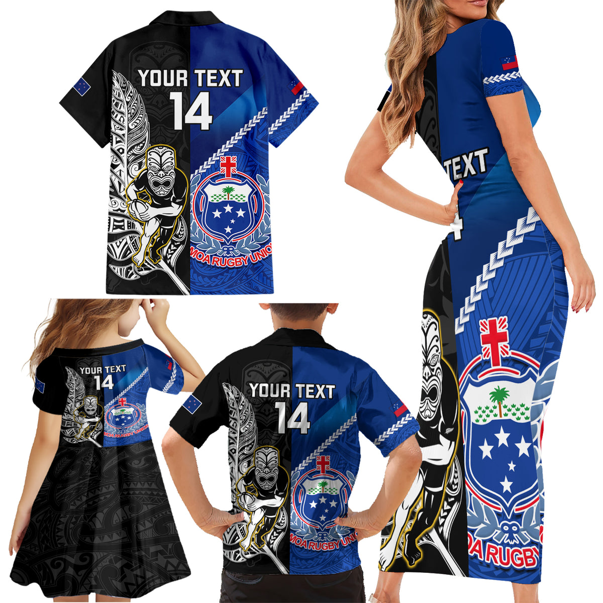 Custom New Zealand And Samoa Rugby Family Matching Short Sleeve Bodycon Dress and Hawaiian Shirt All Black Tiki Fern Mix Manu Samoa 2023 World Cup LT14 - Polynesian Pride