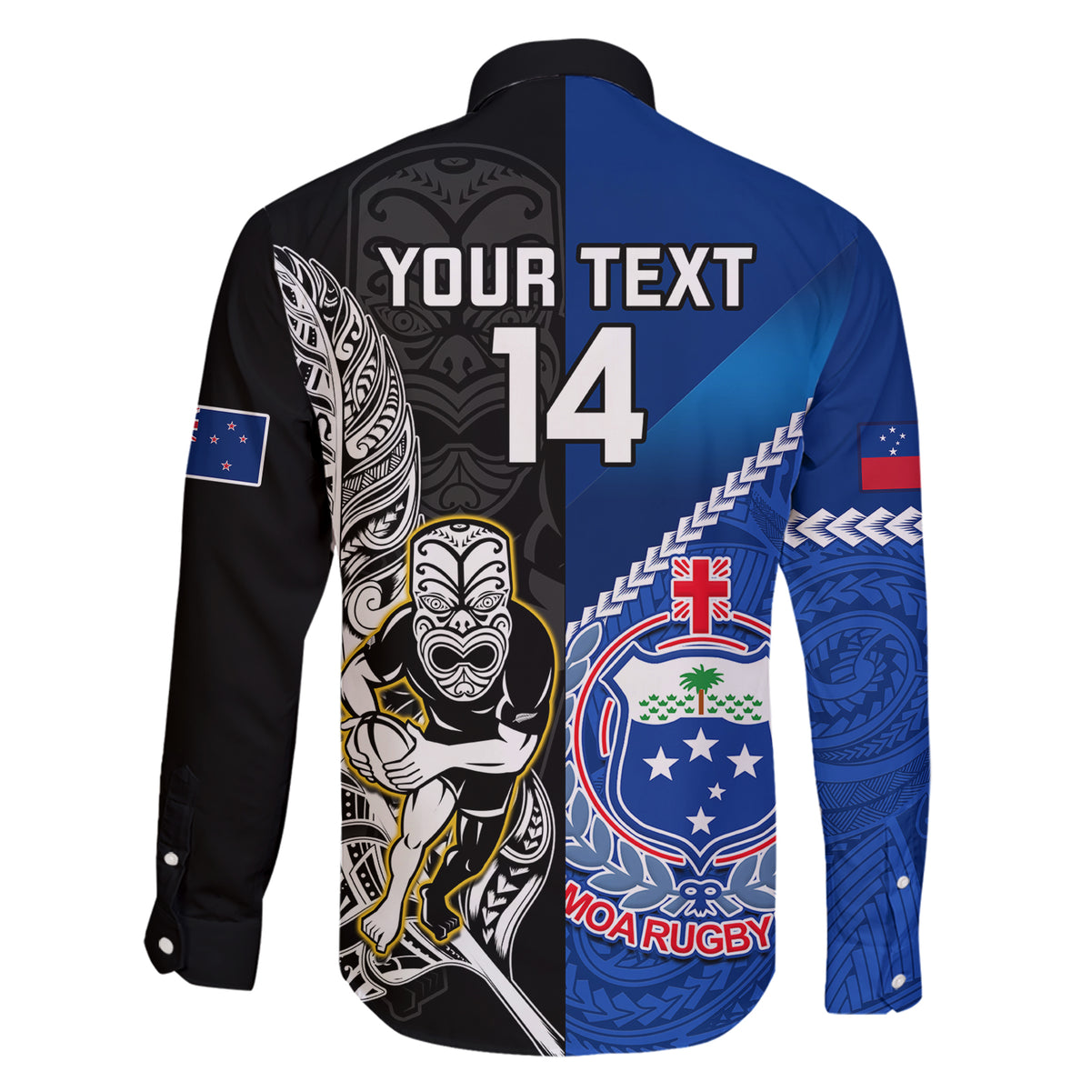 Custom New Zealand And Samoa Rugby Family Matching Short Sleeve Bodycon Dress and Hawaiian Shirt All Black Tiki Fern Mix Manu Samoa 2023 World Cup LT14 - Polynesian Pride