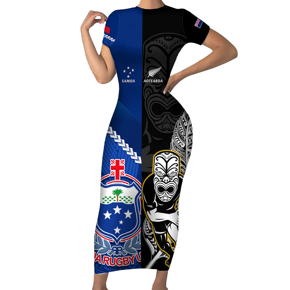 Custom New Zealand And Samoa Rugby Family Matching Short Sleeve Bodycon Dress and Hawaiian Shirt All Black Tiki Fern Mix Manu Samoa 2023 World Cup LT14 Mom's Dress Black - Polynesian Pride