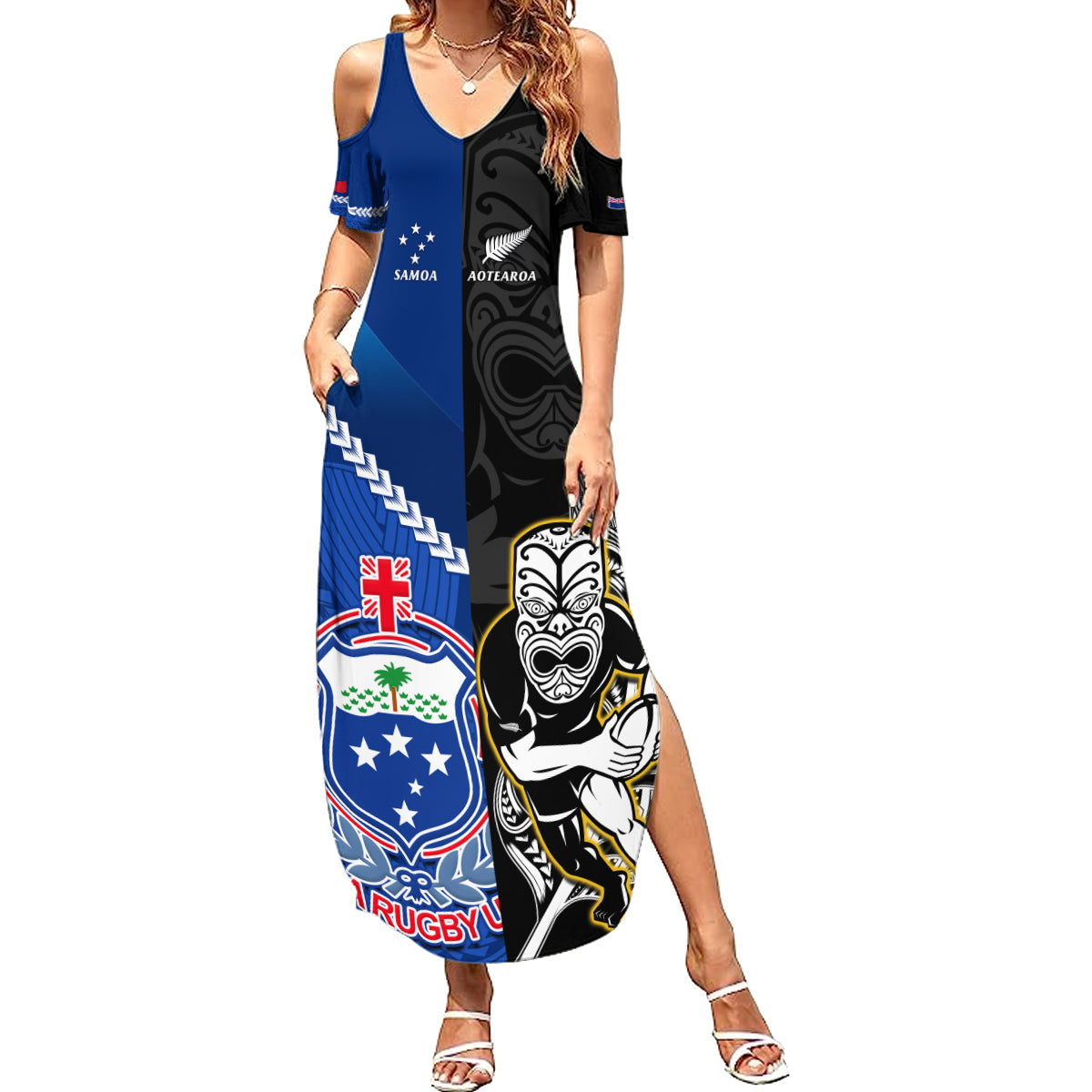 Custom New Zealand And Samoa Rugby Family Matching Summer Maxi Dress and Hawaiian Shirt All Black Tiki Fern Mix Manu Samoa 2023 World Cup LT14 Mom's Dress Black - Polynesian Pride