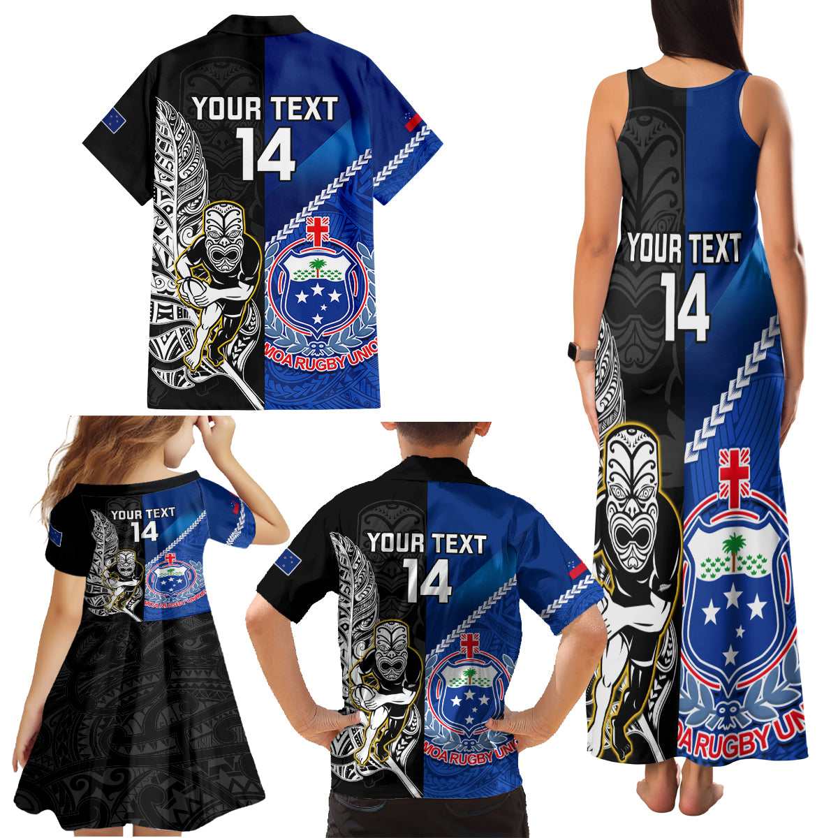 Custom New Zealand And Samoa Rugby Family Matching Tank Maxi Dress and Hawaiian Shirt All Black Tiki Fern Mix Manu Samoa 2023 World Cup LT14 - Polynesian Pride